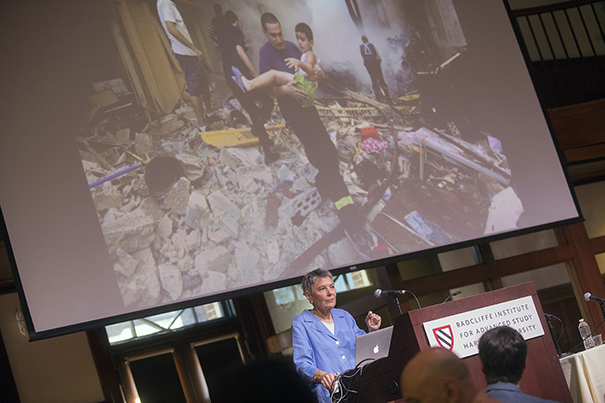 Jennifer Leaning delivers the keynote address during the Harvard Global Health Institute symposium on Climate Change, Migration and Health, inside the Knafel Center (Radcliffe Gym).