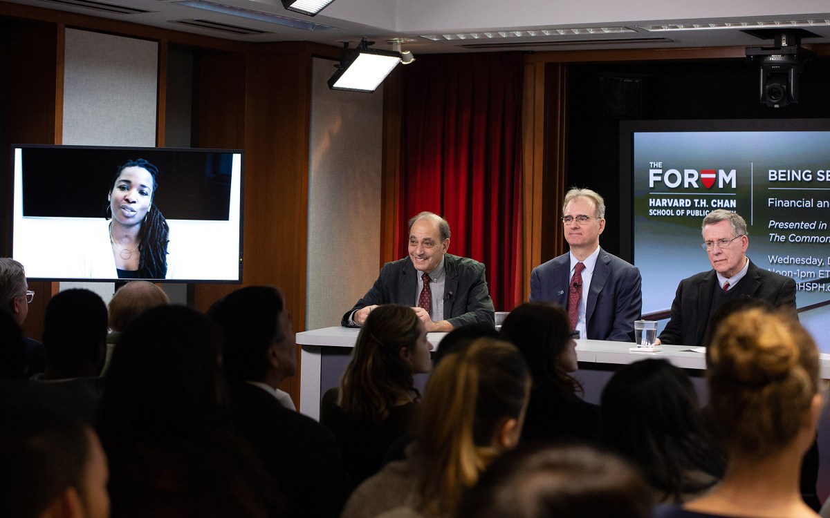 Harvard Chan School forum on Seriously Ill in America: Panelists Toyin Ajayi, Robert Master, Eric Schneider, Robert Blendon.