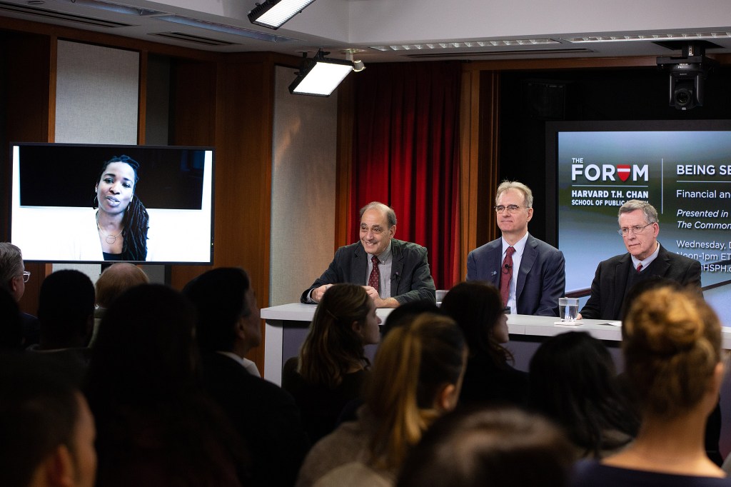 Harvard Chan School forum on Seriously Ill in America: Panelists Toyin Ajayi, Robert Master, Eric Schneider, Robert Blendon.