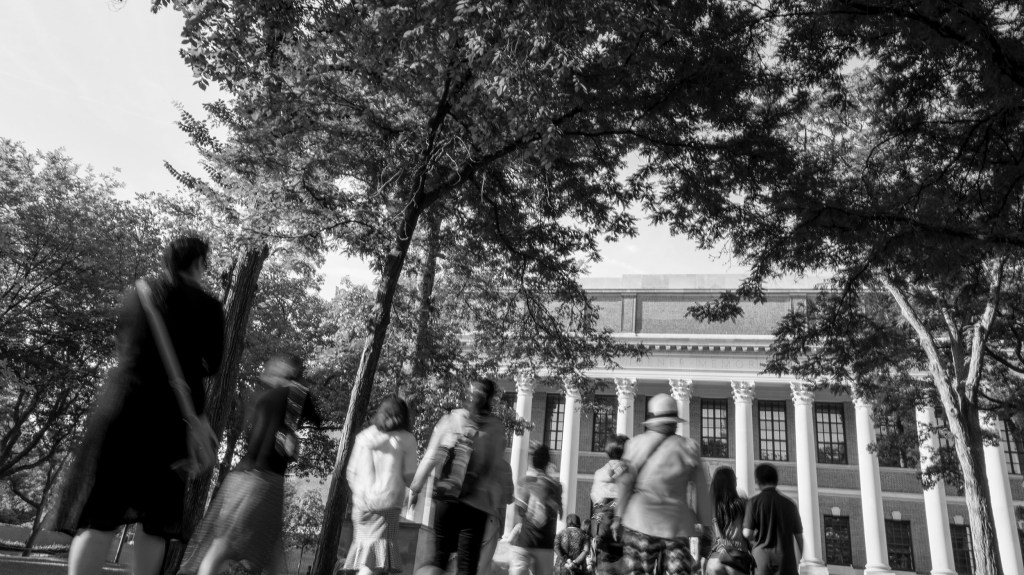 Visitors walk the path from Memorial Church toward Widener Library.