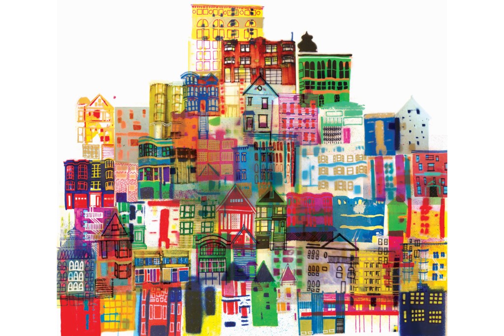 Illustration of bright multi-colored buildings.