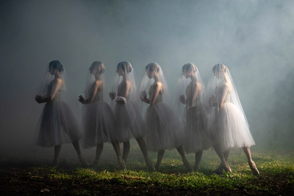 ballet dancers in a row in the mist