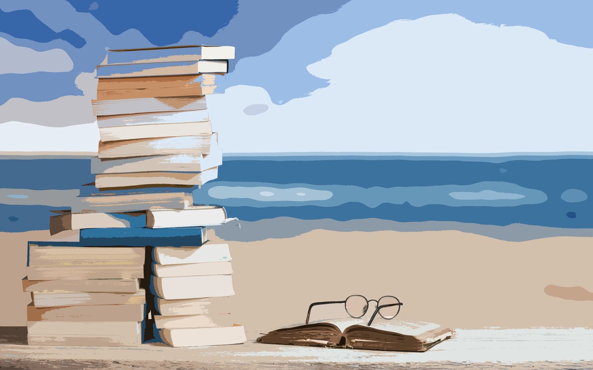 Illustration of books on a beach