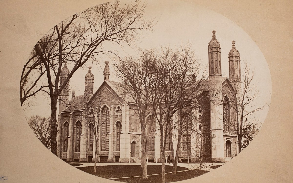 Sepia image of exterior of Gore Hall.