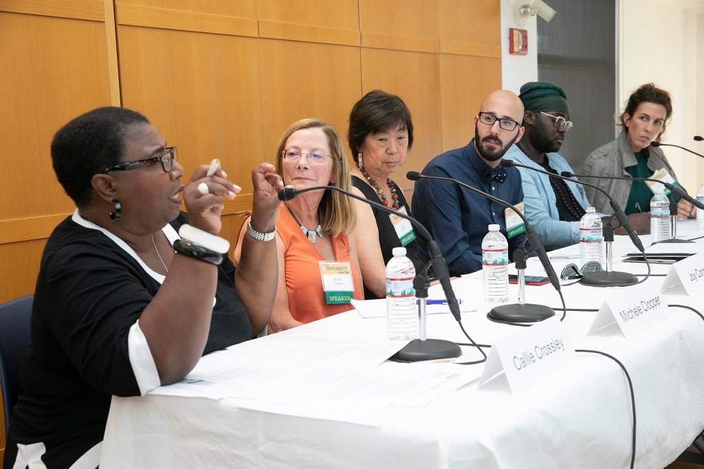 WGBH host Callie Crossley leads a panel on mental health in discussion at Harvard.