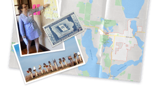 Madelyn standing in front of a whiteboard during a legal design workshop; Iowa statehood commemorative stamp; a row of mailboxes in rural Iowa