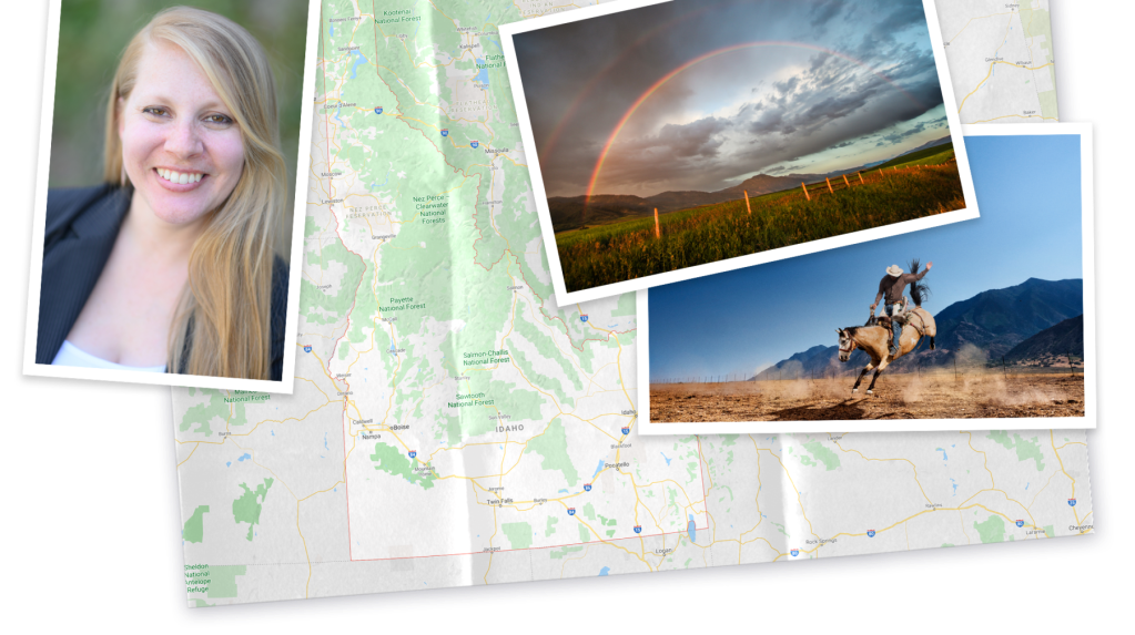 A collage of picture of Idaho and Rebecca on top of a map of Idaho