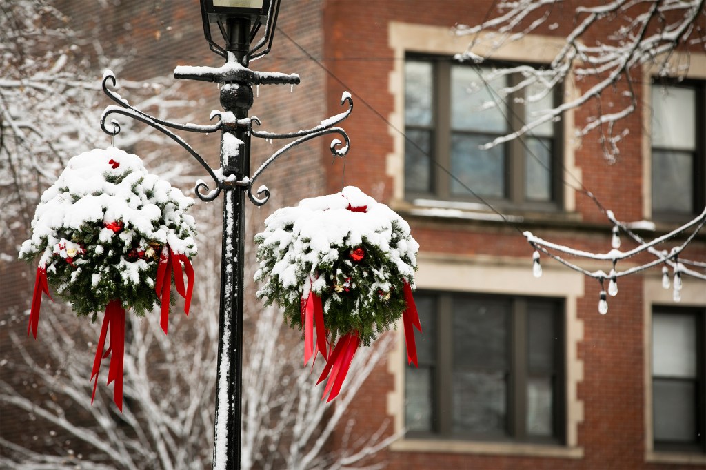 Snow on wreaths.