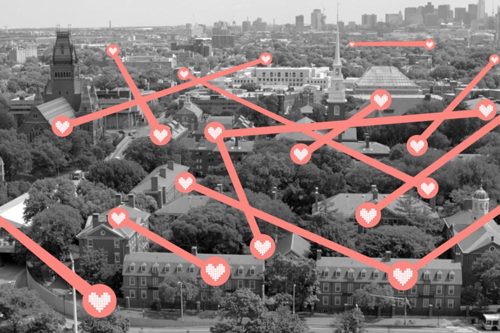 Computer screen with lines connecting buildings.
