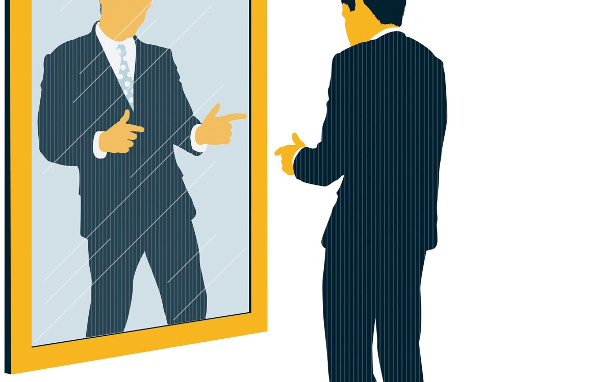 Illustration of confident man facing mirror.