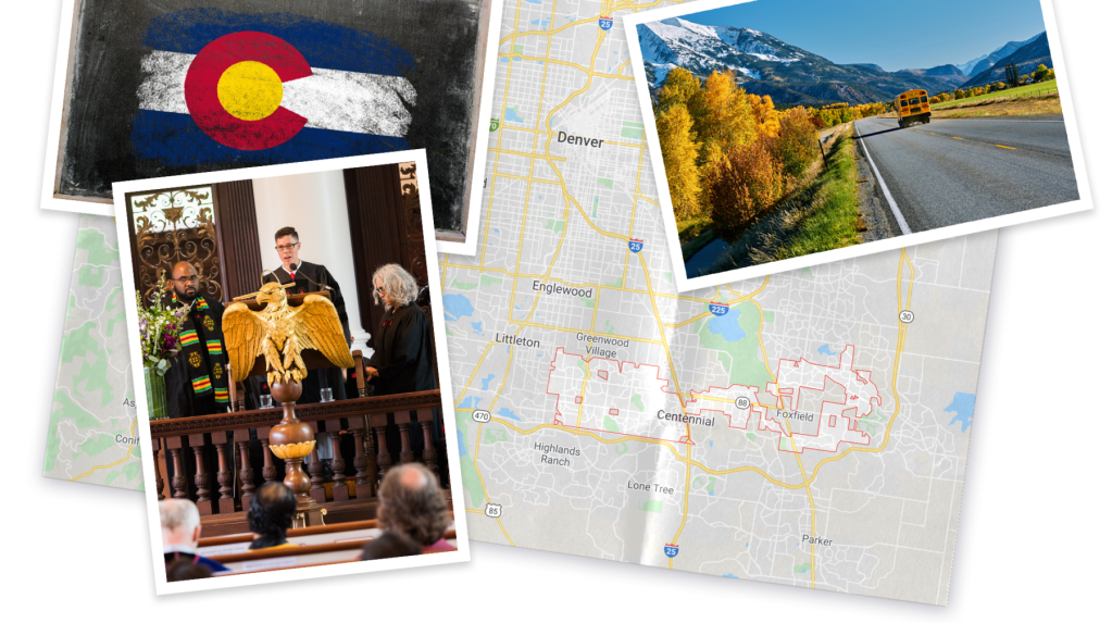 A collage of the Colorado flag, Seonjoon at a podium, and a school bus driving towards the rockies, all on a map of Colorado