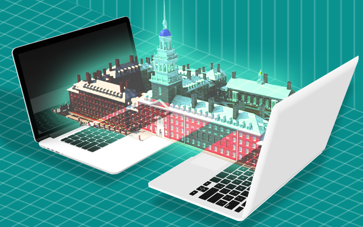 Illustration of laptops projecting 3D campus model.