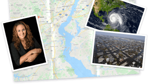 Collage of map of Delaware, satellite image of a hurricane, image of flooded houses, and image of A.R.Siders