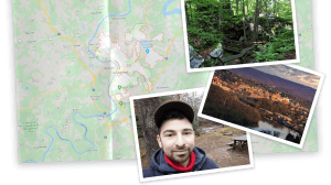 A collage with pics of West Virginia, a pic of Benny hiking, all on a map of West Virginia