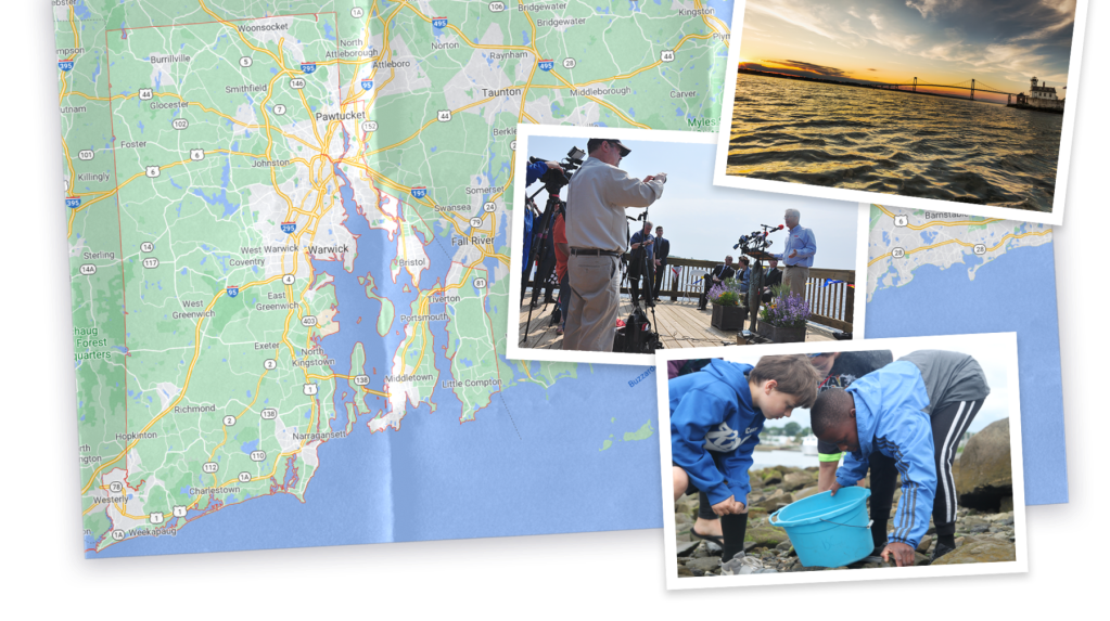 Collage of map and image of Rhode Island and photo of Jonathan Stone