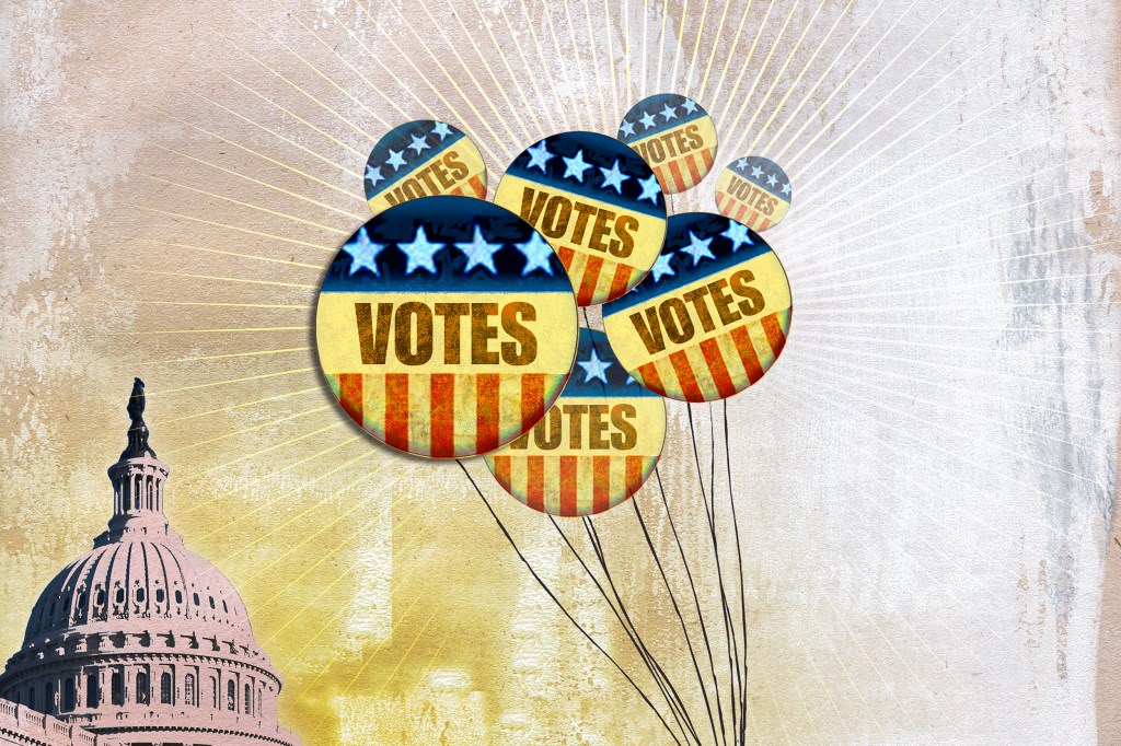 Illustration of balloons that say vote.