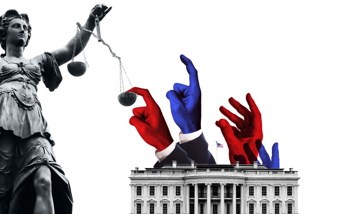 Illustration of presidents tipping scales of justice.