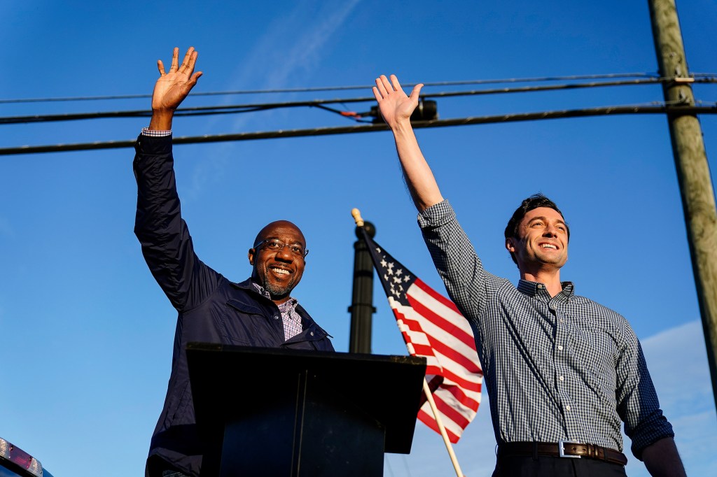 Raphael Warnock, left, and Jon Ossoff, right,