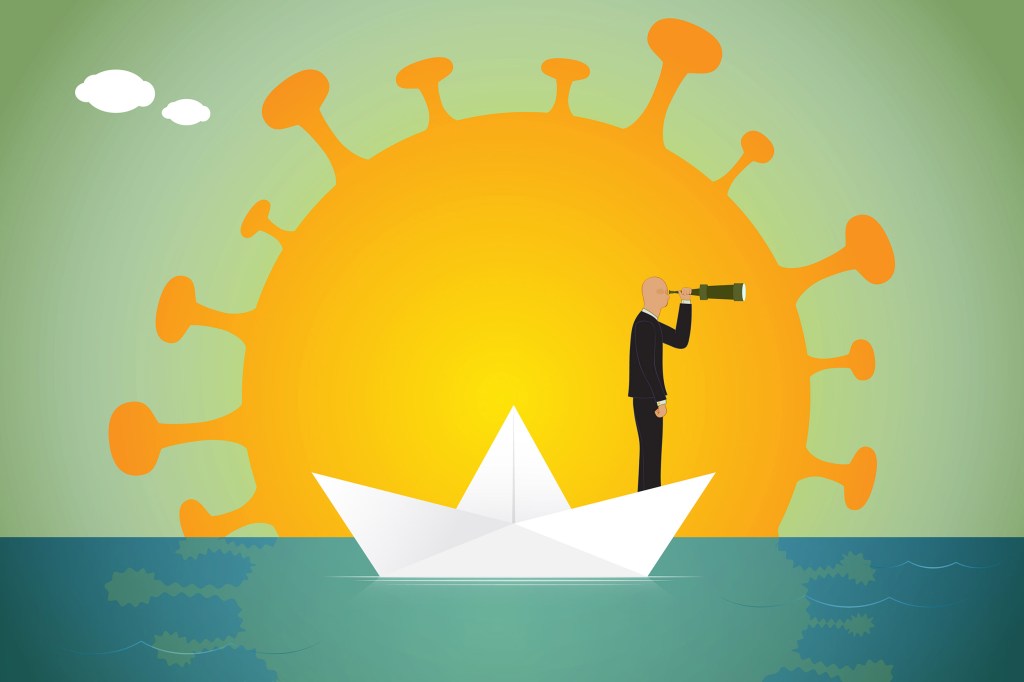 Illustration of person looking through telescope with COVID-shaped sun in background.