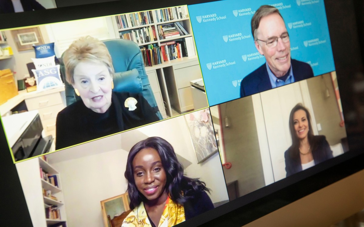 Madeleine Albright, Dina Powell McCormick, Ezinne Uzo-Okoro, and Nicholas Burns on Zoom.