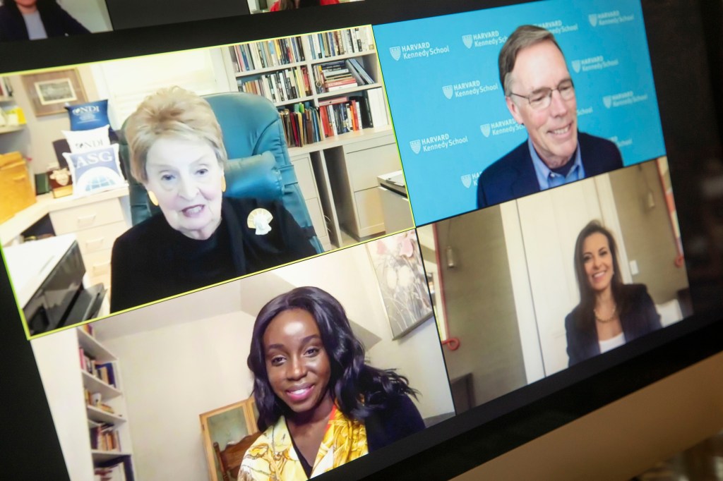 Madeleine Albright, Dina Powell McCormick, Ezinne Uzo-Okoro, and Nicholas Burns on Zoom.