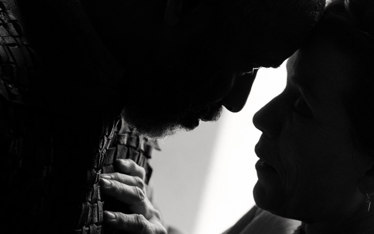 Silhouettes of Denzel Washington and Frances McDormand in “The Tragedy of Macbeth.”