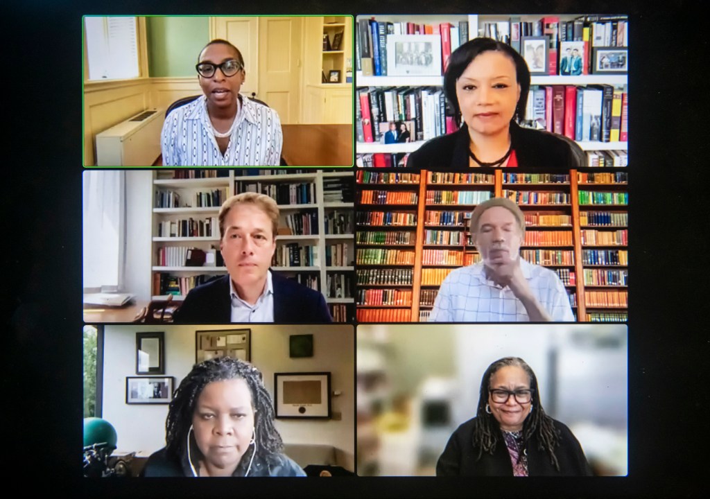 Claudine Gay (clockwise from top left), Tomiko Brown-Nagin, Sven Beckert, Vincent Brown, Annette Gordon-Reed, Evelynn Hammonds; Tiya Miles, and Sheree Ohen.