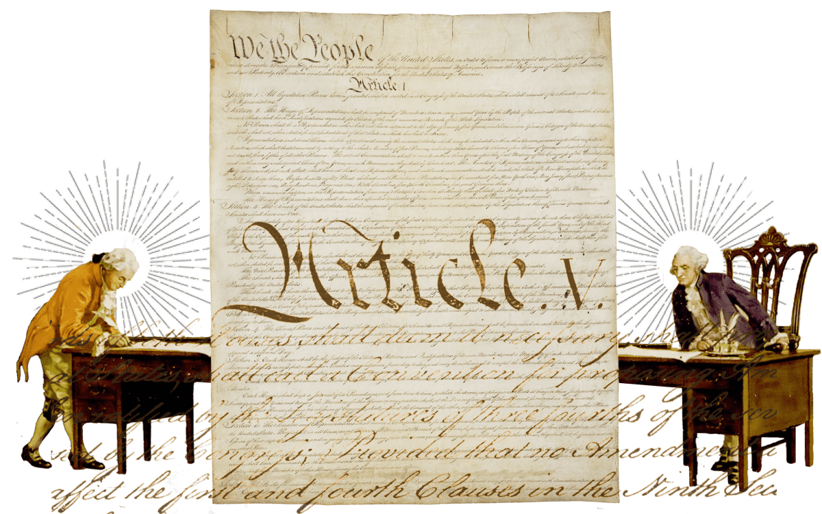 Collage of Framers and Constitution.