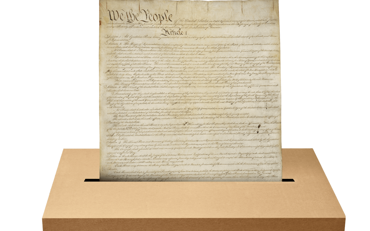Collage of Constitution and ballot box.