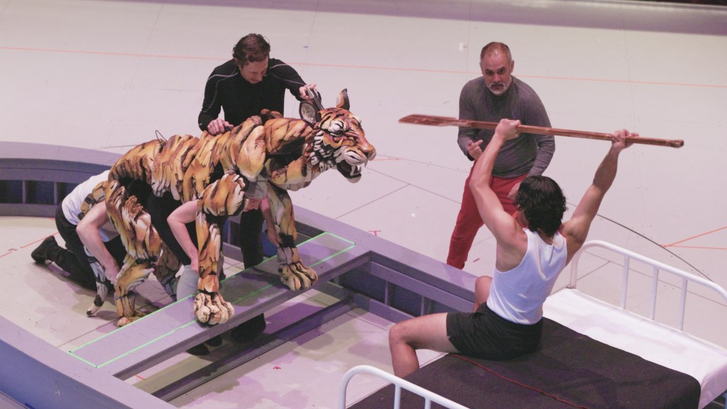 "Life of Pi" rehearsal with Bengal tiger puppet.