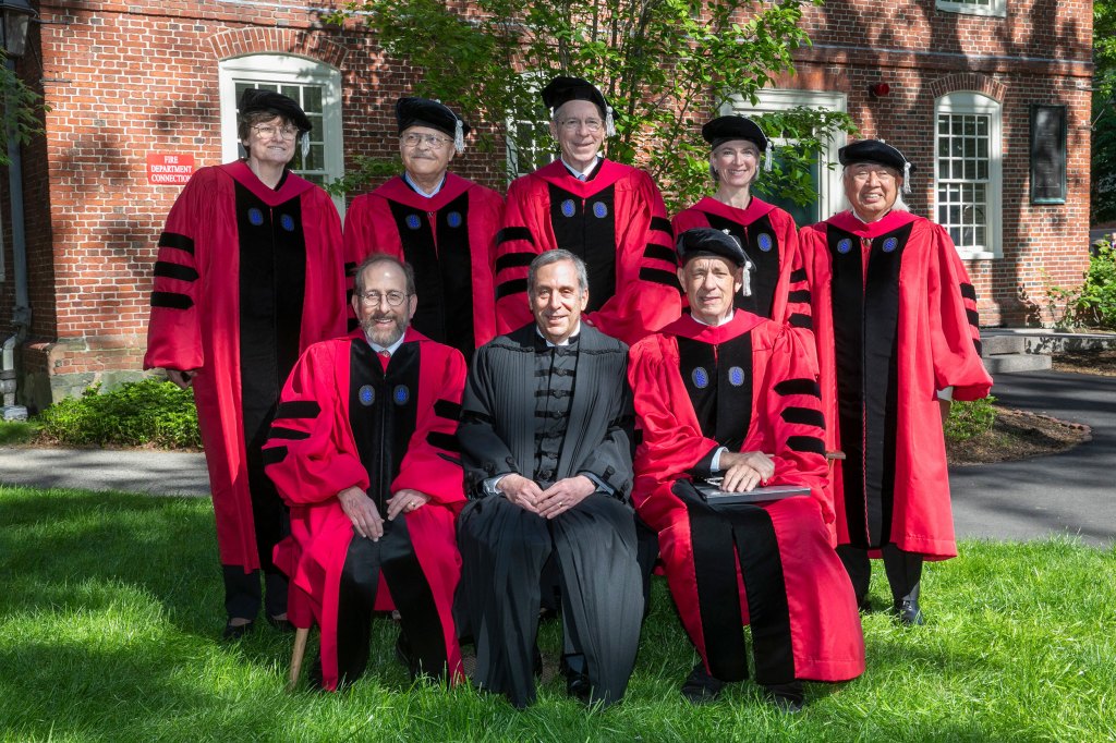 Honorands Katalin Karikó (clockwise from top left), David Levering Lewis, Michael Mullen, Jennifer Doudna, Hugo Noé Morales Rosas, and Tom Hanks join President Larry Bacow and Provost Alan Garber.