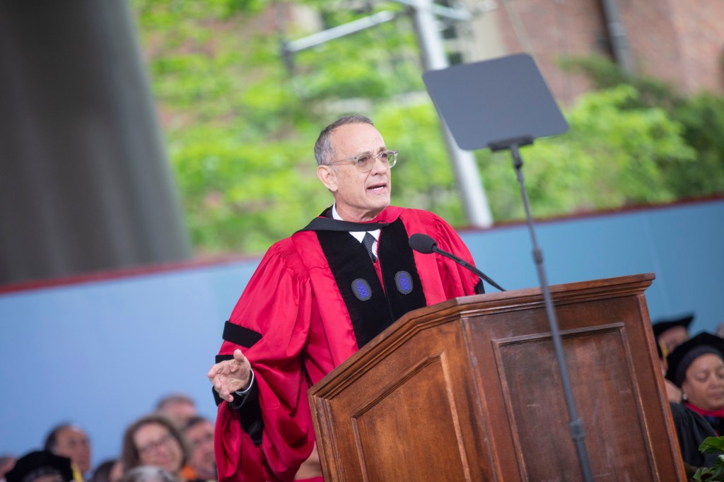 Tom Hanks speaking at Commencement.