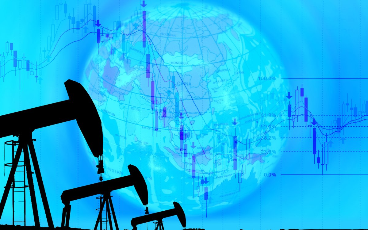 Illustration of oil rigs with globe in background.