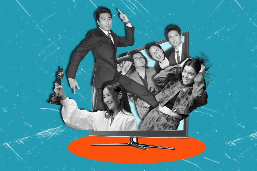 Photo illustration of cast from “Everything Everywhere All at Once,” "Crazy Rich Asians" and "Ms. Marvel" popping out of a TV screen.