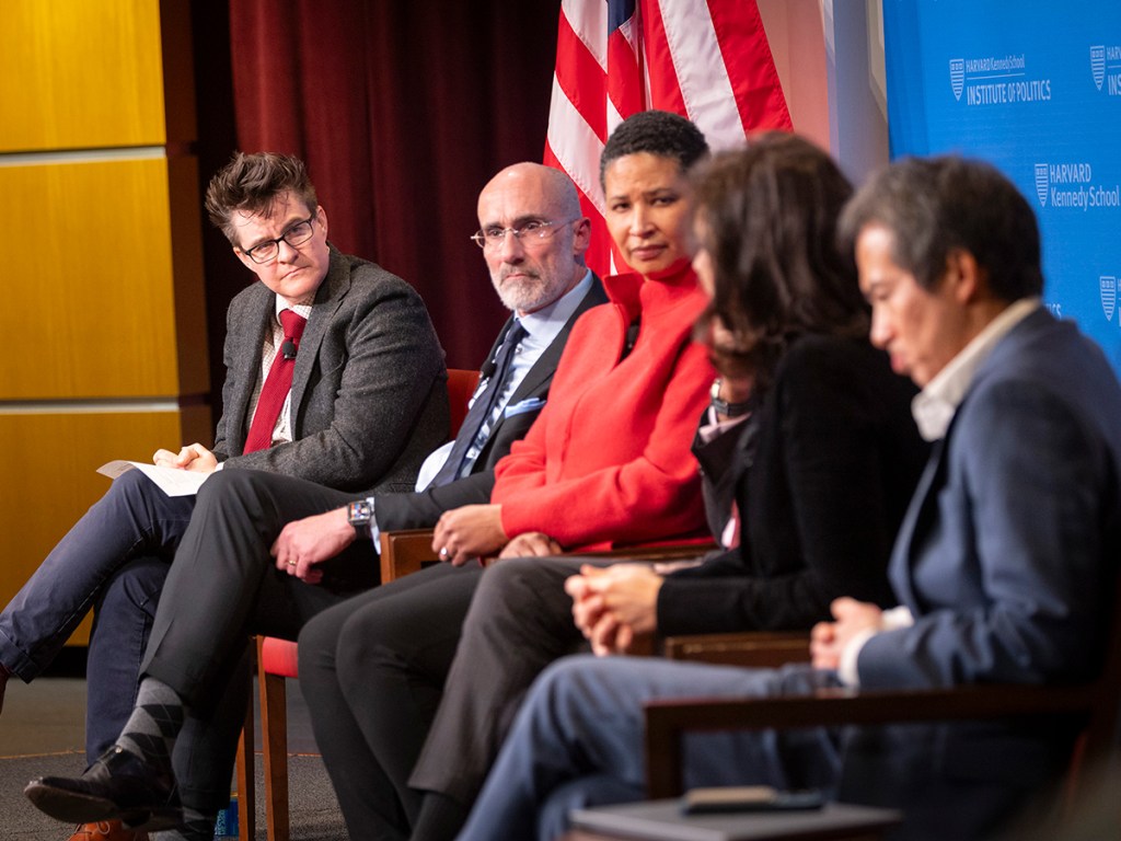 Panelists Erica Chenoweth, Arthur Brooks, Danielle Allen, Eliana La Ferrara, and Archon Fung.