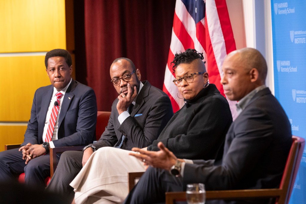 Setti Warren (from left), Cornell William Brooks, Sandra Susan Smith, and Khalil Gibran Muhammad speaking during the event.