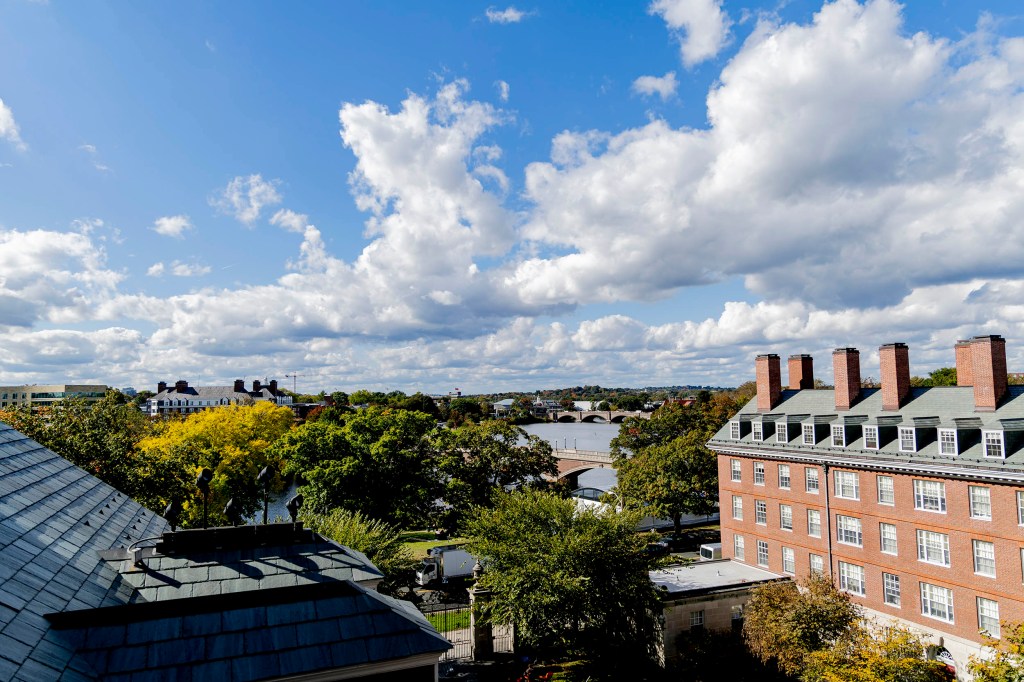 Aerial view of Harvard campus and Charles River from Dunster House.