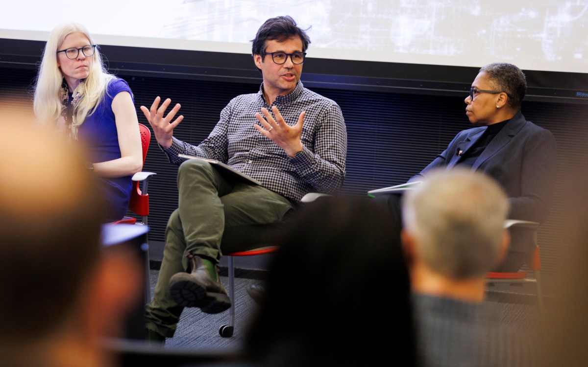 Panelists Melissa Dell, Alex Csiszar, and Latanya Sweeney at a Harvard symposium on artificial intelligence.