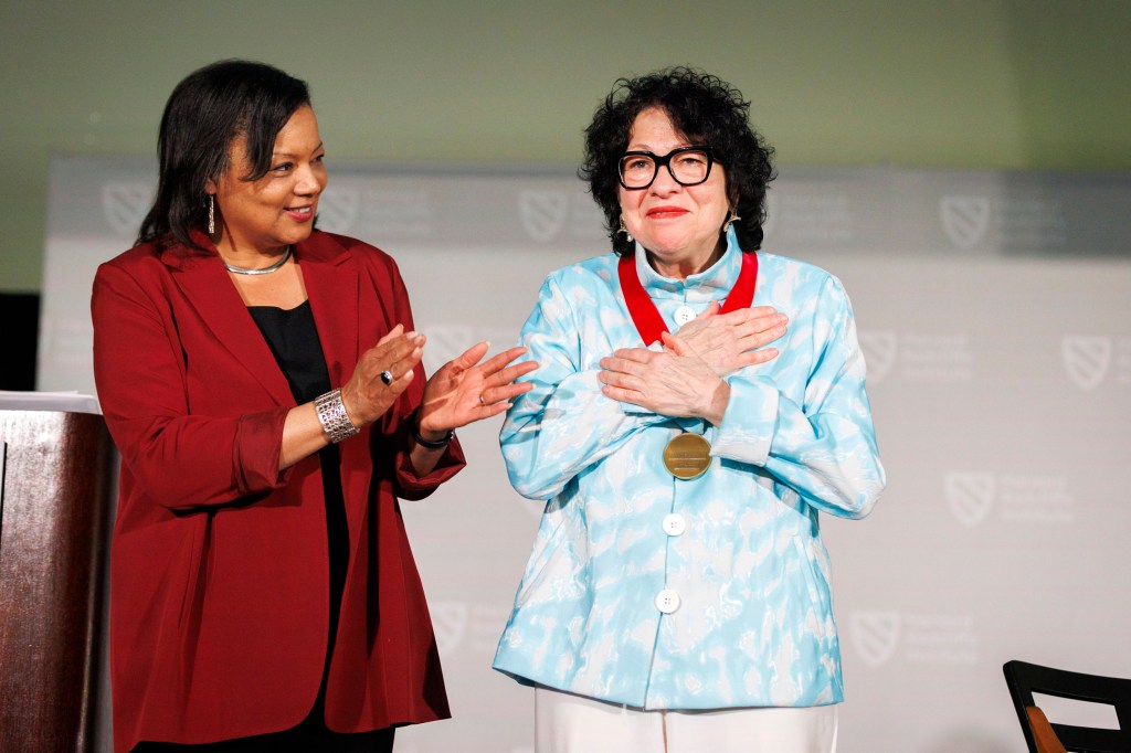 Radcliffe Dean Tomiko Brown-Nagin (left) presents Associate Justice of the U.S .Supreme Court Sonia Sotomayor with the Radcliffe Medal.