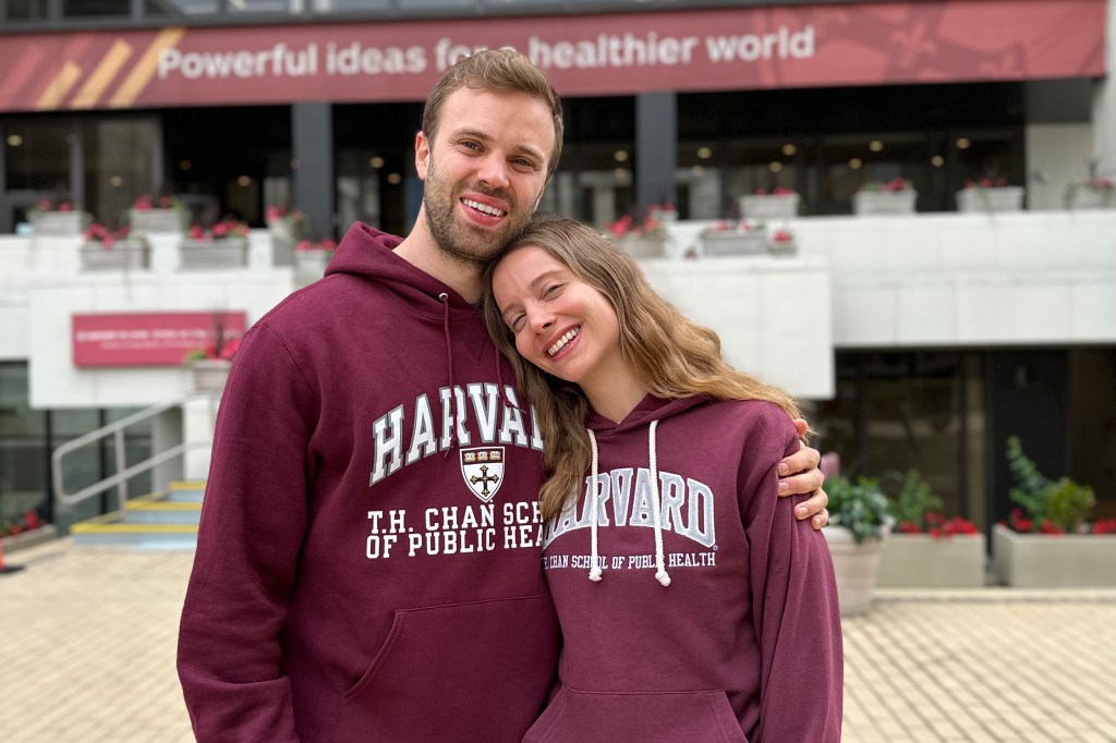 Alan Rheaume and Seray Sener in front of Harvard T.H. Chan School of Public Health.