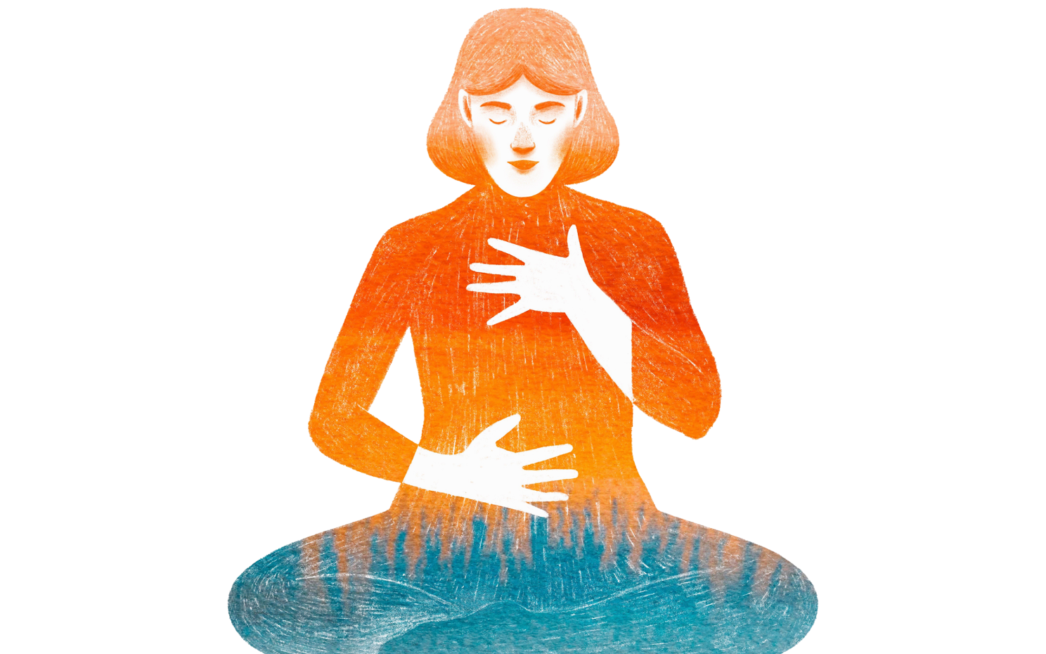 Illustration of a person holding chest and stomach while in lotus position.