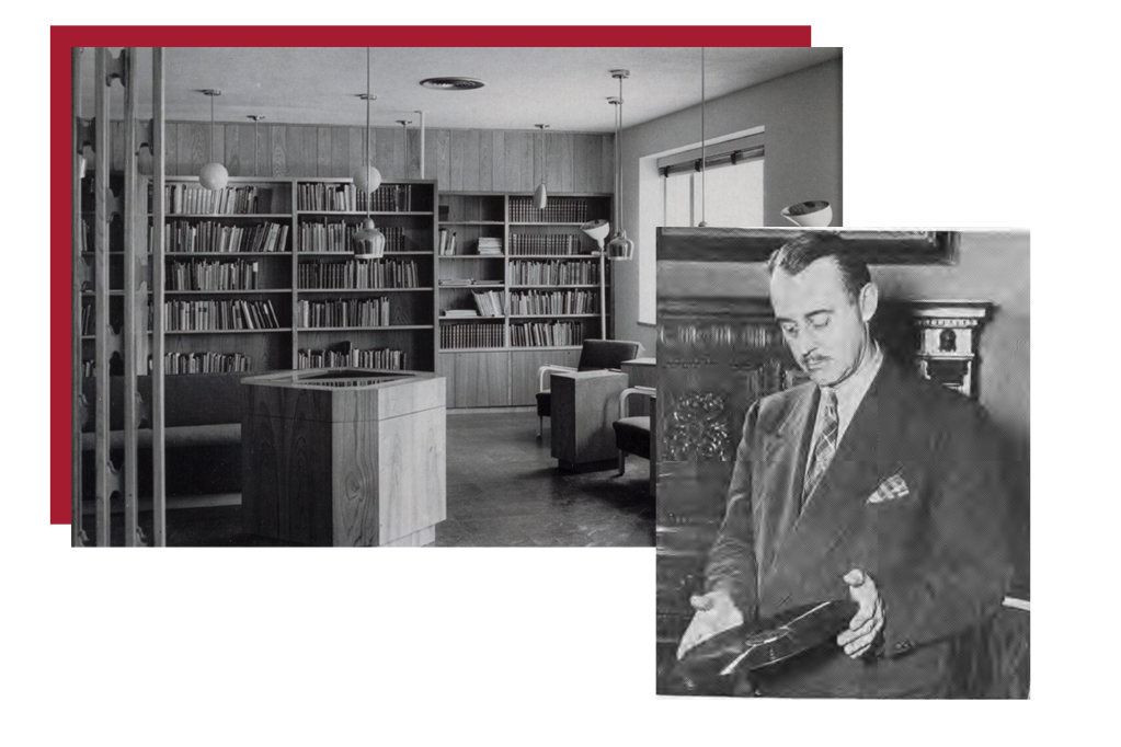 Harvard Vocarium founder Frederick C. Packard Jr. and the Woodberry Poetry room circa 1950.