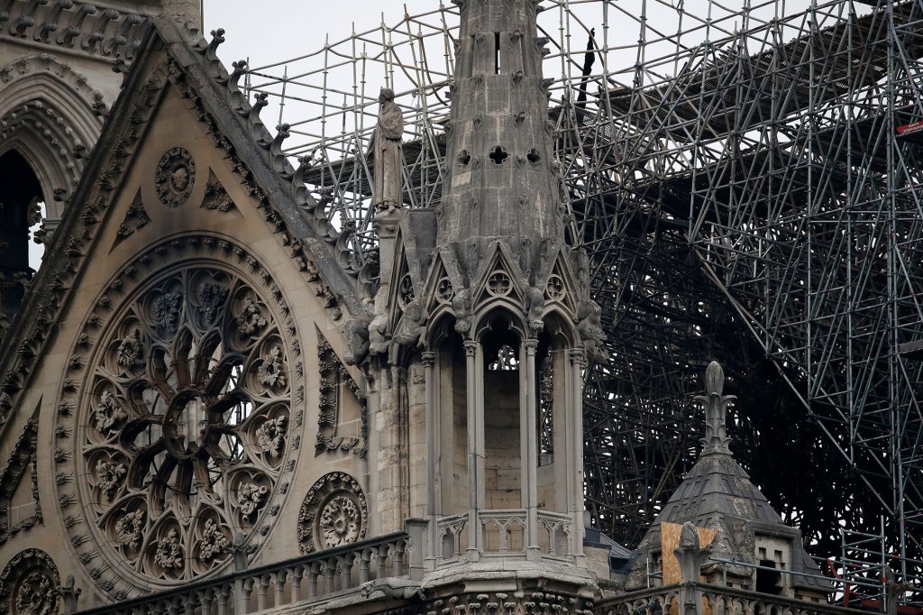 View of the scaffolding and damaged Notre-Dame Cathedral after the fire in Paris, April 16, 2019.