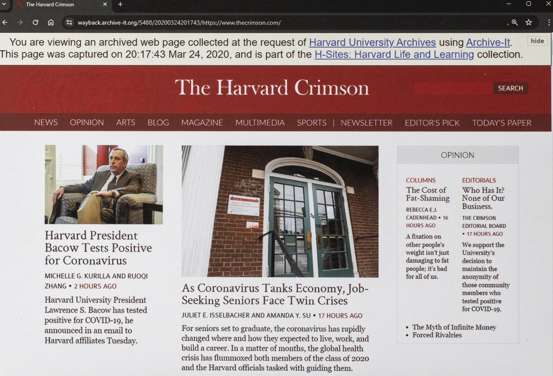 screen grab of the Harvard Crimson website