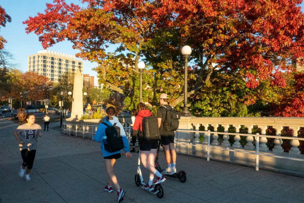 Students walking over the Weeks Bridge.