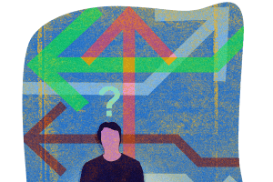 Illustration of a person surrounded by arrows and question marks.