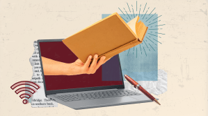 hand with book reaching outside of a laptop