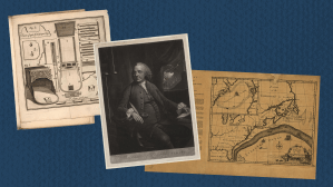 Collage of Benjamin Franklin, patent drawing of a stove he invented, and a Gulf Stream map he helped to chart.
