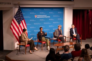 Zoe Marks (from left), Mai Hassan, Alex de Waal, and David Miliband on stage during the event.