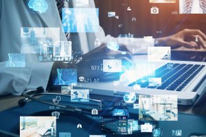 Illustration of doctor looking at medical icons.